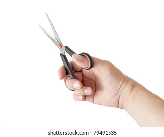 Hand Holding Scissors Isolated On A White Background