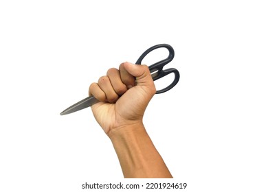 Hand Holding Scissors. Isolated White Background