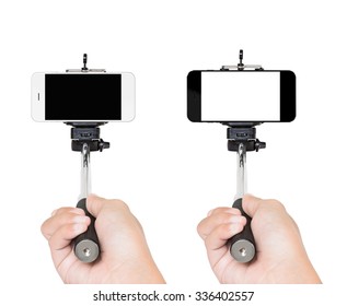 Hand Holding Selfie Stick Isolated White