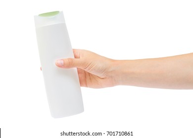 Hand Holding Shampoo Bottle Isolated On White Background.