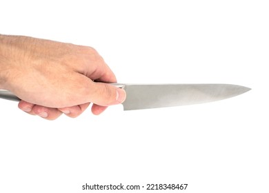 Hand Holding A Sharp Gray Knife Isolated On White Background. Kitchen Knife.