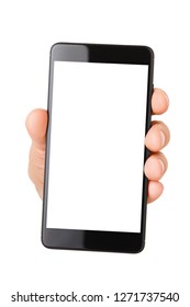 Hand holding or showing smart phone with blank screen isolated on white background