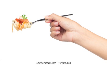 hand holding shrimp pasta spaghetti on fork isolated on white background