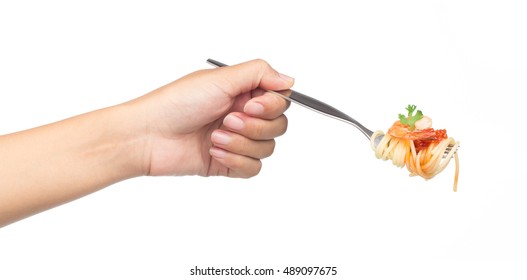 Hand Holding Shrimp Pasta Spaghetti On Fork Isolated On White Background