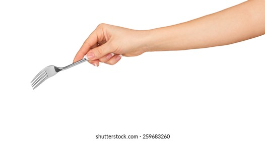 Hand Holding A Silver Fork On An Isolated White Background