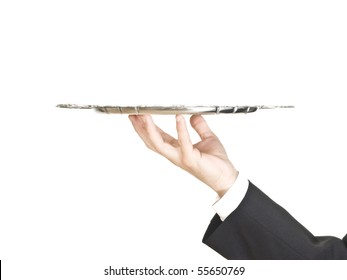 A Hand Holding A Silver Tray