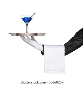 A Hand Holding A Silver Tray With A Blue Cocktail On It Isolated On White Background