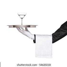 A Hand Holding A Silver Tray With A Cocktail Martini On It Isolated On White Background