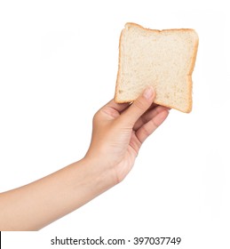 Hand Holding Slice Bread Isolated On White Background