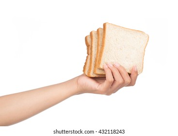 Hand Holding Slice Bread Isolated On White Background