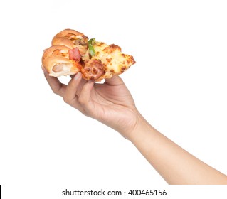 Hand Holding Slice Pizza Isolate On White Background