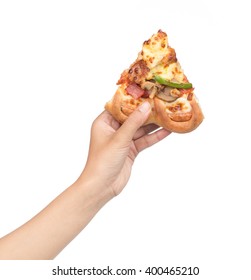 Hand Holding Slice Pizza Isolate On White Background