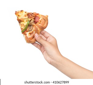 Hand Holding Slice Pizza Isolate On White Background