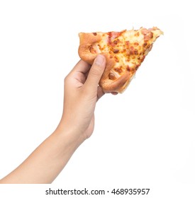 Hand Holding Slice Pizza Isolate On White Background