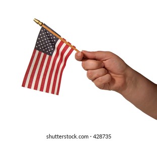 A Hand Holding A Small American Flag (isolated)