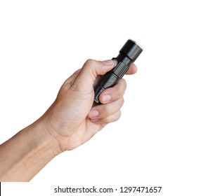 Hand Holding Small Flashlight Isolated On White Background.