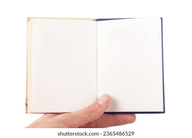 Hand holding a small size open book, handbook with empty blank white pages, front view, frontal shot, closeup. Object isolated on white background cut out Copy space, reading pocket notes blank pages - Shutterstock ID 2365486529
