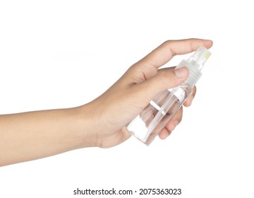 Hand Holding Small Spray Bottle Isolated On White Background