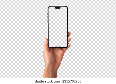 Hand holding smart phone 15 pro max Mockup and screen Transparent and Clipping Path isolated for Infographic Business web site design app