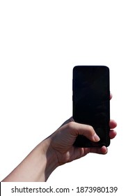 Hand Holding Smart Phone With Black Screen And No Background. Vertical Cutout Isolated Png File