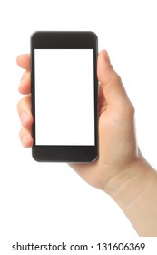 Hand Holding Smart Phone Isolated On White Background