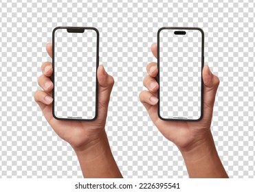 Hand holding smart phone Mockup  and screen Transparent and Clipping Path isolated for Infographic Business web site design app on iphon 14, 13, mini new generation  - Shutterstock ID 2226395541