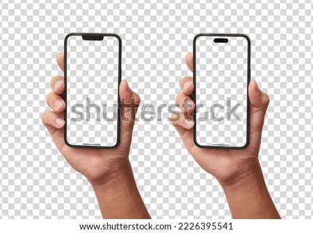 Hand holding smart phone Mockup  and screen Transparent and Clipping Path isolated for Infographic Business web site design app on iphon 14, 13, mini new generation 