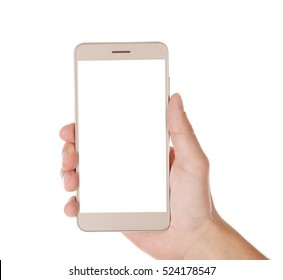Hand Holding Smart Phone On White Background