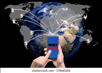 Hand Holding Smart Phone Sent Money Flying Away From Screen To Global Map. Technology Online Banking Money Transfer, E-commerce Concept