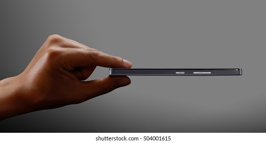 Hand Holding Smart Phone Side Profile On Dark Background