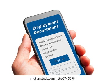 Hand Holding Smart Phone With  Unemployment Application Sign In.