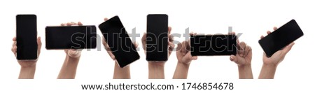 Hand holding smart phone in various positions isolated on white, phone mock up template with black screen, clipping path