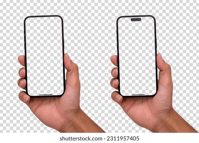 Hand holding smart phoneMockup and screen Transparent and Clipping Path isolated for Infographic Business web site design app - Shutterstock ID 2311957405