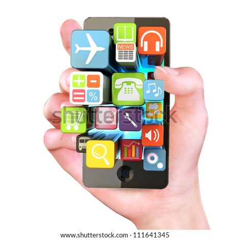 Hand holding Smartphone apps,touchscreen smartphone with application software icons extruding from the screen, isolated in white