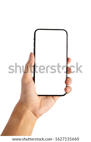 hand holding smartphone blank screen - isolated on white background