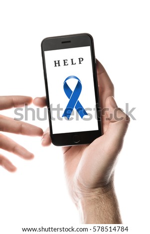 Hand holding smartphone, blank screen with blue ribbon isolated on white background. World Cancer Day graphic. Prostate, colon cancer, esophageal cancer, stomach cancer concept