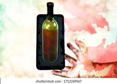 Hand Holding Smartphone With Bottle Of Wine, Online Digital Store, Watercolor,E-commerce Shop,3D Rendering