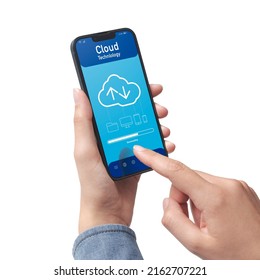 Hand holding a smartphone and cloud-based application, the user is downloading data on the device, POV shot On white background