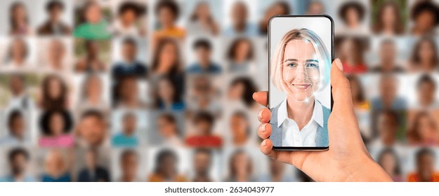Hand holding smartphone displaying face recognition technology with portraits