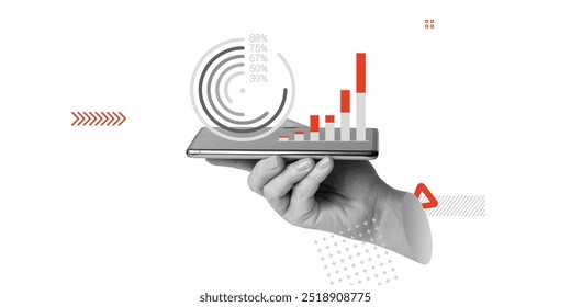 Hand holding smartphone displays data visualizations, including histogram and pie chart. Analytics, digital transformation and increasing use of mobile technology in business. Minimalist art collage. - Powered by Shutterstock