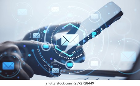 Hand holding smartphone with email icons, hologram style, on light background. Concept of digital communication - Powered by Shutterstock - Get 15% off with code: PIKWIZARD15