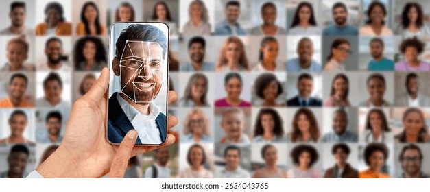 Hand holding smartphone with face recognition technology in modern collage