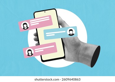 Hand holding smartphone with floating chat bubbles. Symbolizes messaging, online conversation, social interaction, communication app. Collage pop art isolated on blue background. - Powered by Shutterstock - Get 15% off with code: PIKWIZARD15