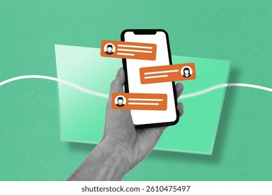 Hand holding smartphone with floating chat bubble symbolizing digital conversation. Online interaction concept