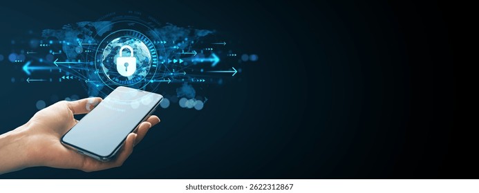 Hand holding smartphone with glowing padlock hologram, digital world map background, light effects concept of mobile data protection and security