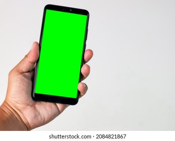 Hand Holding Smartphone Green Screen Isolated Stock Photo 2084821867 ...