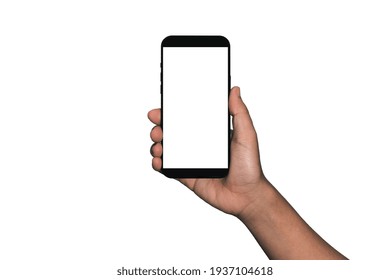 Hand Holding Smartphone IPhone  And Isolated On White Background For Your Mobile Phone App Or Web Site Design, Logo Global Business Technology - Include Clipping Path. (Businessman Hand IPhone)