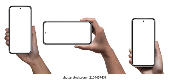 Hand holding Smartphone iPhone  and isolated on white background for your mobile phone app or web site design, logo Global Business technology - include clipping path. (Businessman hand iPhone 14)