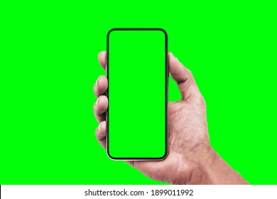 Hand holding smartphone isolated on green background, The shape of a modern mobile smartphone Designed to have a thin edge. green screen background - Clipping Path. - Powered by Shutterstock