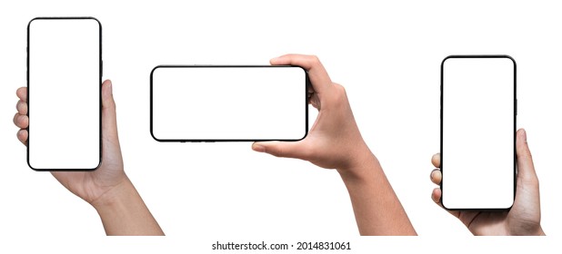 Hand holding Smartphone and isolated on white background for your mobile phone app or web site design, logo Global Business technology - include clipping path. (Businessman hand Phone)